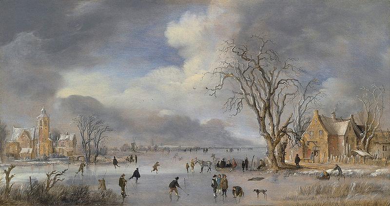  A winter landscape with skaters and kolf players on a frozen river